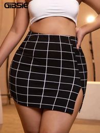 GIBSIE Plus Size Plaid Sexy Mini Skirts Women 2024 Spring Summer High Waist Club Party Bodycon Short Skirts Girls Black 240307