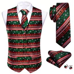 Vests Designer Christmas Festival Vest for Men Silk Red Green White Snowflake Stripes Waistcoat Tie Bowtie Set Happy Party Barry