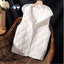 Waistcoats 2023 New White Down Cotton Vest Jacket Women Hooded Sleeveless Padded Vest Outer Wear Autumn Winter Vests Female Waistcoat Coat