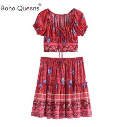 Suits Boho Queens Women Two Piece Outfits Strap Sleeveless Tops Bohemian Mini Skirts 2 Pieces Swimsuits Rayon Cotton Boho Sets