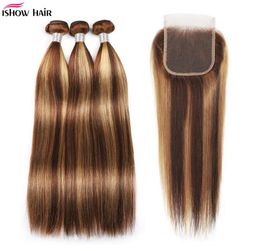 Ishow Highlights 427 Human Hair Bundles With Lace Closure Straight Virgin Extensions 34pcs Coloured Ombre for Women Brown Colour 81203256