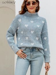 Pullovers Autumn Winter Turtleneck Sweater Women Casual Knitted Long Sleeve Top Fashion Pink Heart Pullover Elegant New In Knitwears 2023