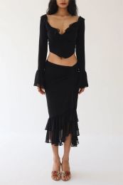 skirt New Womens Summer Skirt 2Pcs Suit Solid Colour Long Sleeved Ruffled VNeck Cropped Tops + Low Waist Fish Tail Slit Long Skirt