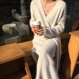 Dress Shijia Cross Long Knitting Dress Women Wool Autumn Winter Vneck Elegant Sweater Dress Vestido Female Apricot Maxi Knitwear Warm