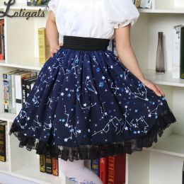 Dresses Kawaii Mori Girl Short Skirt Sweet Navy Blue Starry Night Printed Skater Skirt for Women