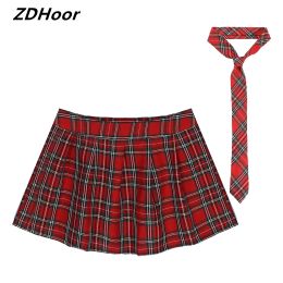 skirt Women Schoolgirls Role Play Costume Fancy Dress Ball Outfit Zipper Plaid Pleated Mini Skirt + Necktie Set Sexy Cosplay Uniform