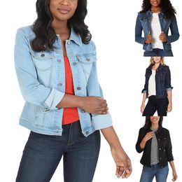 Womens Casual Denim Jacket Western Basic Lapel Button Up Long Sleeve Trucker Jean Biker Coat Tops 240226