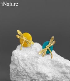 INATURE 925 Sterling Silver Natural Stone Dragonfly on the Leaf Stud Earrings For Women Fine Jewellery Brincos 2106188503431