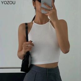 Camis YOZOU 2022 Summer Halter Crop Camis Top Tank Tops Women Black White Solid Stretch Rave Outfits Casual Basic Sleeveless Female