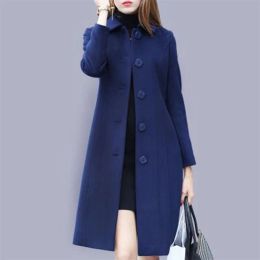 Blends New Fashion British Solid Button Wool Coat Women Long Sleeve Jackets Woman Elegant Pocket Slim Outfit Mujer
