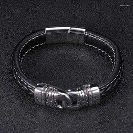 Charm Bracelets Men Black Jewelry Braided Leather Bangles Handmade Wristband Trendy Stainless Steel Clasp Wrist Band FR0996