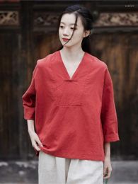 Women's Blouses Women Cotton And Linen Pullovers Shirt 2024 Summer V-Neck Three Quarter Sleeve Loose Casual Tops Thin Blouse