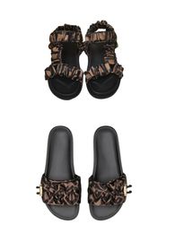 Women Summer Fashion Designer Sandals Brown Satin Print Flat Casual Comfort Beach Shoes Size 35-42 with box and shopping bag