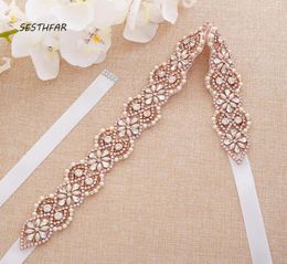 Wedding Sashes Rhinestones Bridal Belt Pearls Simple Crystal Sash Rose Gold For Evening Dresses J175RG9367496