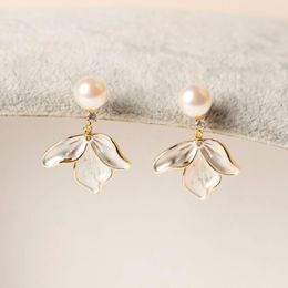 Stud Earrings Natural Freshwater Pearl Stylish Simple Leaf Design 14K Gold Filled Female Jewellery For Women Gifts