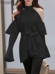 Blouse ZANZEA Women Stand Collar Ruffled Blouse 2023 Autumn Cold Shoulder Tops Fashion Party Long Sleeve Tunic Vintage Bandage Shirts