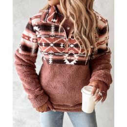 Jackets Aztec Geometric Patten Zipper Teddy Sweatshirt Top Women Elegant Autumn Winter Long Sleeve Turn Down Collar Plush Coat Outwear