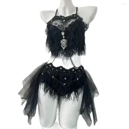 Stage Wear Black White Personalized Feather Christmas Bar Nightclub Party Performance Dress Cute Sexy Female Singer Dance Clothing