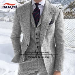 Suits Tweed Men Suits For Winter ,Wedding Formal Sports Suits Jacket 3 Piece Herringbone Man Outfits Set (Jacket +Waistcoat+ Pants)