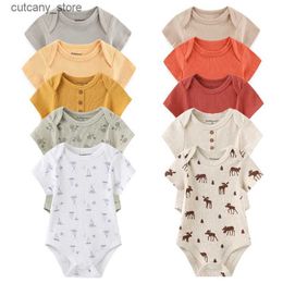 Jumpsuits New Born Bodysuits 2023 Unisex 5Pieces Baby Girl Clothes Solid Color Cotton Baby Boy Clothes Set Cartoon Print Summer Bebes L240307