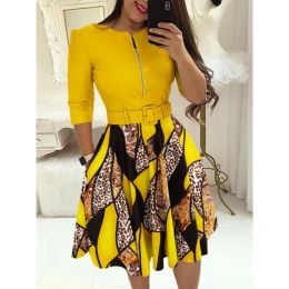 Dress Spring Autumn Women's New Printed Seven Point Sleeve A Line Dress Slim And Elegant Female Fashion Waist Party Dress (with Belt)
