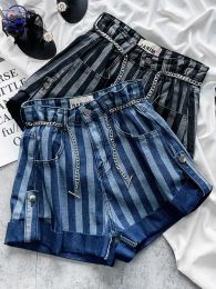 Jeans Denim Shorts Women's Summer 2023 New Korean Striped Colour Matching Versatile Slim Aline Wide Leg Hemmed Hot Pants Ins