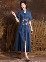 Party Dresses Autumn Slim-type Embroidery Denim Dress Women Retro V-Neck Half Sleeve Button Spliced Casual