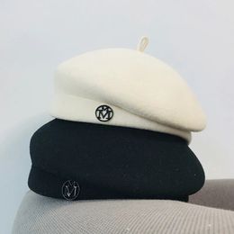 Classic Ladies Beret Hat Fancy Wool Felt Warmer Winter Cap White Black Women Fedora Fascinator Pillbox 240226