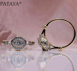 PATAYA New 585 Rose Gold Lovely Carved Natural Zircon Rings Women Fashion Jewellery Wedding Fine Craft Hollow Round White Ring2892879