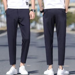 Pants Men's Spring Autumn High Waisted Pocket Zippered Button Solid Color Casual Suit Straight Leg Formal Trousers Vintage Pants