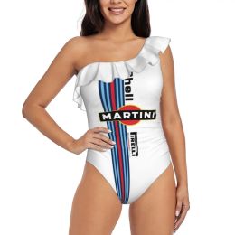 Swimwear Martini Racing One Piece Swimsuit Women Ruffle Monokini Shoulder Swimsuit Bathing Suit Swim Wear Racing Cars Motorbike Martini