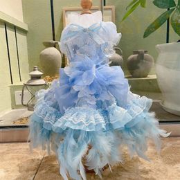 Dog Apparel High-end Luxury Light Blue Feather Dresses For Small Medium Fine Handmade Flower Bow Princess Dress 2024 Pet Clothes