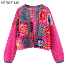 Cardigans KEYANKETIAN Autumn New Cutout Hook Flower Geometric Short Knit Cardigan Women Bohemian Style Soft Handmade Sweaters TOPS