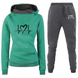 Pants Fashion Ladies Sweater Joggers Two Piece Set Hoodies Outfits Women Fleece Lined Hooded Sweatshirt With Heartbeat Print Suit