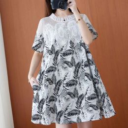 Dress Mori Girl Style Plant Printed Gauze Patchwork Midi Dress 2023 Women's Clothing Short Sleeve Summer Elegant Lace Straight Dresses