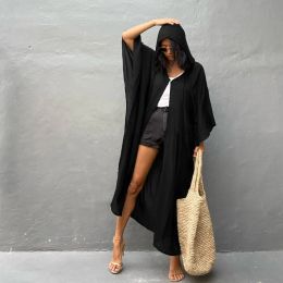 Trench Hoodies Coat Summer Chiffon Tie Dye Print Black Colour Chic Cardigans One Button Long Robe Flowy CoverUps Boho Nomadic Cape Cloak