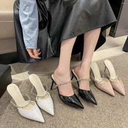 Slippers Female Shoes Shallow Cover Toe Casual Thin Heels Slides Big Size Heeled Mules 2024 Luxury Pointed High Fashion PU Pumps