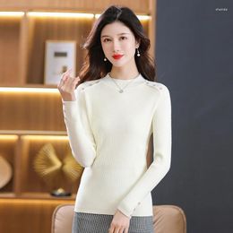 Women's Sweaters Women Beige Khaki Green Blue Black Pullover With Shoulder And Cuff Buttons Design Slim Fit Knitted Tops Cosy Knitwear
