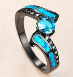Wedding Rings Charm Female Blue Opal Stone Ring Trendy 14KT Black Gold Vintage Bride Round Zircon Engagement For Women1165392