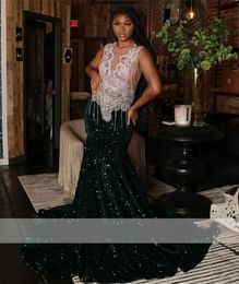 Sparkly Dark Green Prom Dresses For Black Girls Gliter Beads Rhinestones Tassels Sequins Party Evening Gown