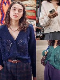 Women's Sweaters Women Crochet V-Neck Hollowed Out Vintage Sweater Wool Blend Single Breasted Long Sleeve Loose Solid Colour Cardigan