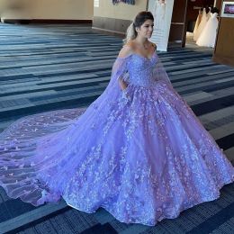 Lace Butterfly Amazing Quinceanera Dresses Off the Shoulder Sweet 15 Gowns with Cape Pocket Glitter Ball Gown Teens Girls Birthday Party Dress