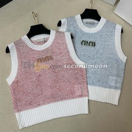 Crew Neck Tanks Top Women Rhinestone Vest Knitted Tank Tops Contrast Color Casual Vests