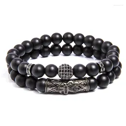 Charm Bracelets 2pcs/set 8mm Obsidian Natural Stone Round Bead Bracelet Geometry Ball Elastic Rope Fashion Jewellery For Men