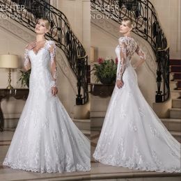 Vintage V-Neck Long Sleeve Wedding Dresses Beaded Button Back Sheer Bridal Wedding Gowns Vestido De