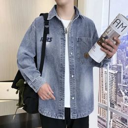 Denim Jackets Man Button Shirt Jeans Coat for Men with Print Autumn Korea Price Stylish G Winter in Y2k Size L S 240301