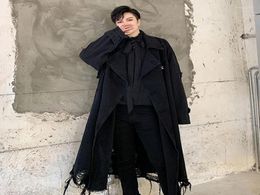 Men039s Trench Coats Male Hole Punk Gothic Jean Coat Overcoat Men Vintage Fashion Streetwear Hip Hop Loose Long Denim Windbreak9992823
