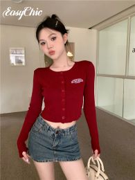 Cardigans Women Wine Red Short Knitted Sweaters Korean Oneck Thin Cardigan Fashion Sleeve Crop Top Ropa Fit Slimming Long sleeved Top Tee