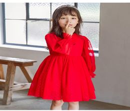 Sweet Girls Christmas Party Dress children ruffle collar polka dots gauze dress kids lace long sleeve princess dress beige red A509417909