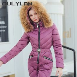 Sets Oulylan Fashion New Winter Women's Hooded Jumpsuits Parka Cotton Padded Warm Sashes Ski Suit Zipper One Piece Casual Tracksuits